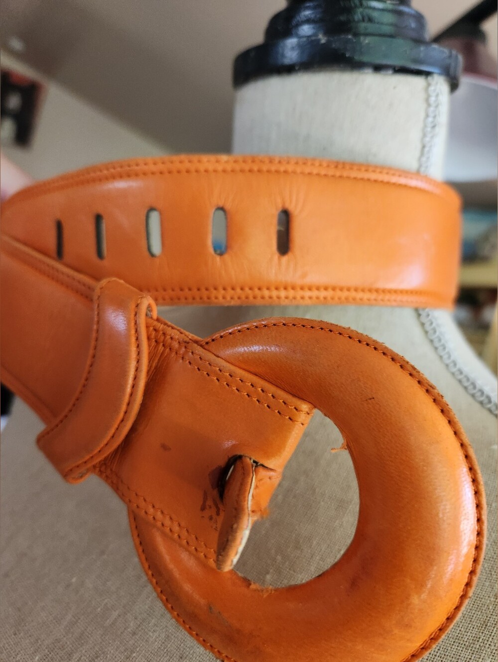 80'S VACHER MOD Luxury ORANGE 2" Wide Leather Belt Round Buckle FRANCE GVC 35"